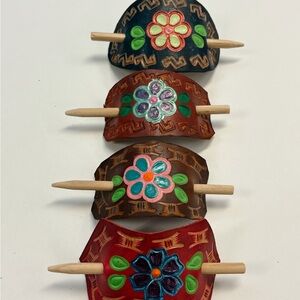 Colorful Leather Hair Barrettes with Floral Design sold SEPARATELY